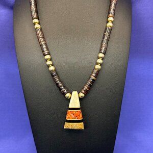 VTG Native American Intarsia Inlay Heishi Pendant Necklace